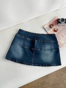 Elamini Women's Frayed Hem Metal Eyelet Fashionable Denim Mini Skirt - Blue - View 2