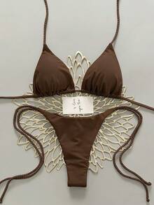 Swim Vcay 2pcs Women Swimsuit Set, White Handmade Crochet Bikini Bikini Sets For Women Brown Bikini Triangle Bikini Thong Bikini Rope Strap Bikini - Coffee Brown - View 2