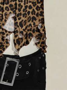 SHEIN ICON 女士纯色纹理针织双层荷叶边下摆甜心领短袖优雅T恤，适合休闲街头穿着 - 彩色 - 查看 5