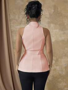 Roveilla 大码女装春夏法式优雅休闲性感通勤浪漫度假纯色西装外套撞色领扣腰带双排扣无袖衬衫 - 粉色 - 查看 2
