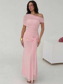 Aloruh 女士新款优雅网纱连衣裙/粉色连衣裙，适合婚礼季/度假/派对/夏季穿着，浪漫仙女风连衣裙，毕业礼服，露肩连衣裙 - 粉色 - 查看 7