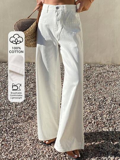 DAZY Women's Casual Solid White Pocket Washed Wide Leg Jeans, Spring/Summer