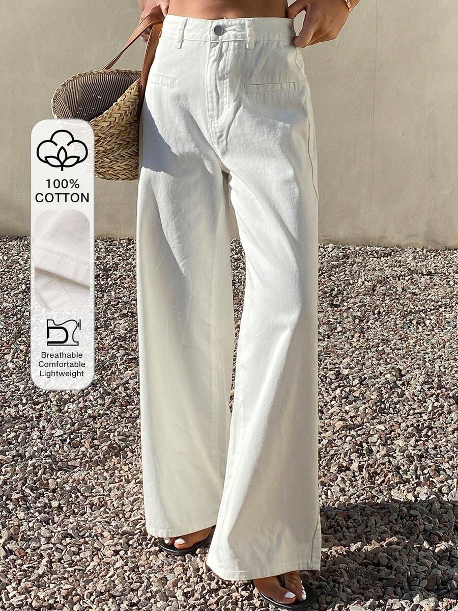 DAZY Women's Casual Solid White Pocket Washed Wide Leg Jeans, Spring/Summer - Beige - View 1