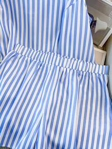 GlowEve CURVE Women's Summer 2-Piece Set, White Striped Linen-Like Fabric, Casual Vacation, Daily Leisure Smart Casual Minimalist Beach Formal Loose Cooling Set - Blue and White - View 3