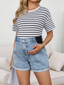 SHEIN Maternity Light Blue Summer Washed High Waist Denim Shorts,Smart Casual Chic Y2k Streetwear For Woman Carnival Costume Vacation Graduation Party - Blue - View 5