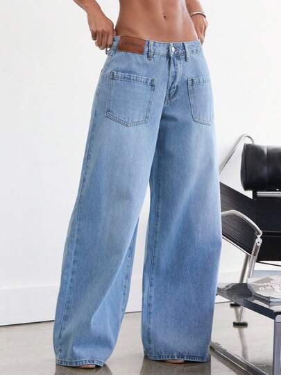 Denimoi Quần jeans ống rộng có túi, kiểu dáng thường ngày, đa năng dành cho nữ.