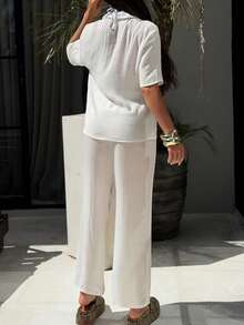 Bonvoyette Women's White Short Sleeve Shirt And Pants 2 Pieces Casual Vacation Beach Cover-Up Set - White - View 2