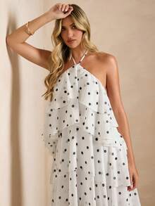 Enchnt Spring/Summer Romantic Women's White Polka Dot Print Ruffle Hem Maxi Dress,Sweet&Elegant For Vacation&Date&Holiday&Going Out,Spring Outfit Women - Black and White - View 2