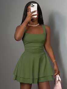 Slaydiva 女士休闲基础款甜美褶皱方领无袖上衣和A字短裙套装，夏季 - 軍綠色 - 查看 4