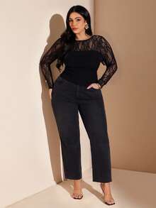 SHEIN BAE 大码女式黑色蕾丝拼接衬衫 - 黑色 - 查看 6