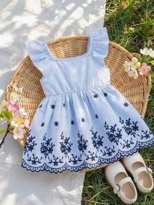 SHEIN Vintaside Kids Baby Girls' Casual Cute Embroidered Ruffle Strap Dress, Suitable For Daily Outings, Vacation, Park Trips, 2026 Spring/Summer New Fashion, Blue Dress, Girls' Dress, Spring, Summer - Blue - View 5