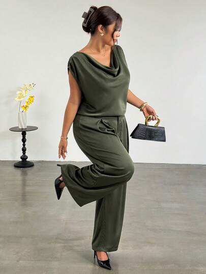 Firerie 女士优雅垂褶领泡泡袖缎面衬衫长裤套装，绿色，春夏装，适合约会、婚礼、通勤、毕业典礼、教师装、返校季等场合，优雅、通勤、约会、婚礼季、毕业典礼、舞会、演出、音乐会、工作制服，舒适、高贵，女士两件套