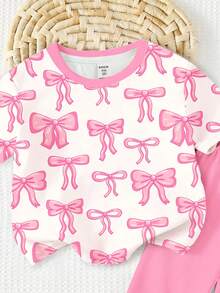 SHEIN 奶油白和奶油粉,甜美可爱的蝴蝶图案印花,少女休闲简约柔软舒适宽松圆领短袖T恤和打底裤套装,适合日常穿着、街头风、外出、居家、度假、返校、春夏少女装扮。 - 彩色 - 查看 7