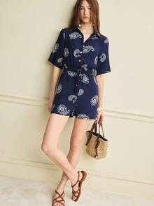 Écloséra Women's Casual Vacation Style Navy Blue Paisley Pattern Slim Waist Slimming Jumpsuit Button Jumpsuit Women's Casual Vacation Style Women's Navy Blue Jumpsuit Women's Paisley Pattern Jumpsuit Women's Slim Waist Slimming Jumpsuit Women's Button Jumpsuit Women's Short Sleeve Jumpsuit Women's Summer Casual Vacation Style Everyday Wear Women's Casual Outings - Navy Blue - View 3