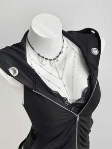 Elamini Y2K Style Sleeveless Hollow Out Hooded Cropped Zip-Up Jacket For Women, Spring/Summer - Black - View 5