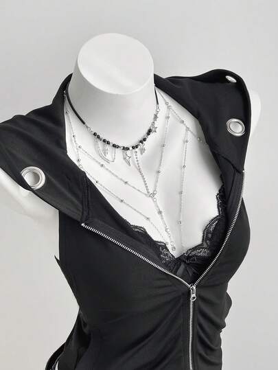 Elamini Y2K风格无袖镂空连帽短款拉链外套，女款，春夏款