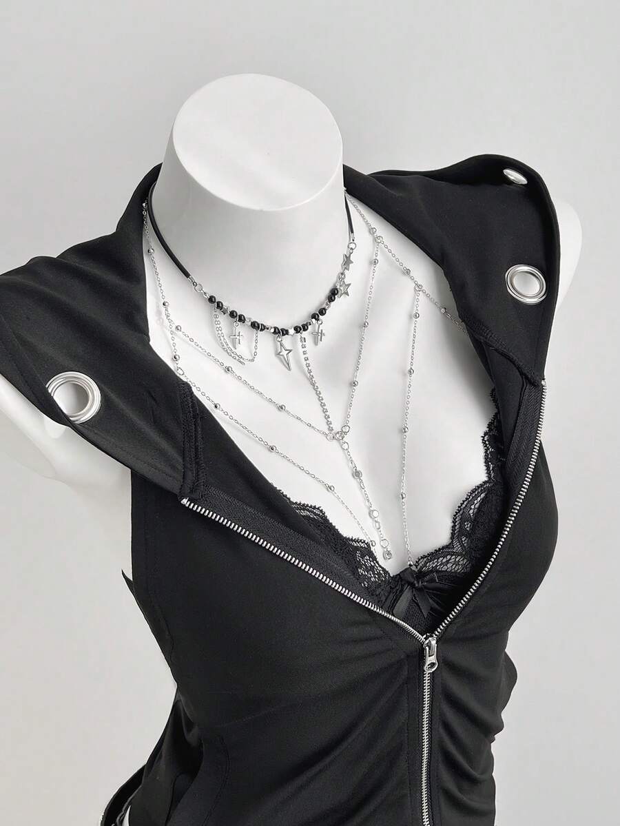 Elamini Y2K风格无袖镂空连帽短款拉链外套，女款，春夏款 - 黑色 - 查看 1