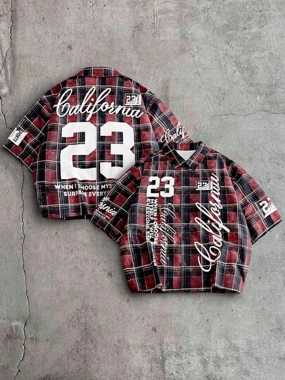 AXEPEAK Camisa casual de manga corta con botones, estampado de letras y cuadros para hombres