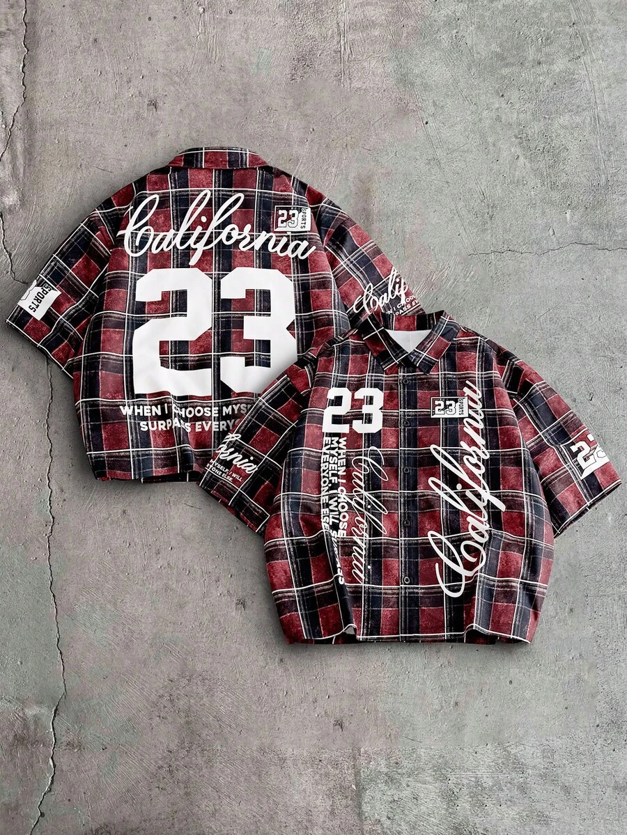 AXEPEAK Camisa casual de manga corta con botones, estampado de letras y cuadros para hombres - Multicolor - Ver 1