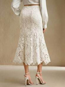 Anewsta Women's Fashionable And Elegant Patchwork Design Heavy Lace Hollow Brown Skirt, Autumn/Winter - Beige - View 7
