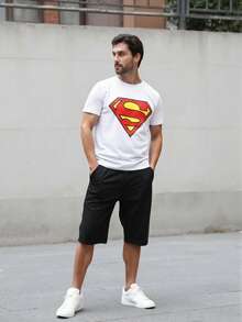 SUPERMAN X SHEIN Men's Minimalist Printed Round Neck Short Sleeve T-Shirt - White - View 6