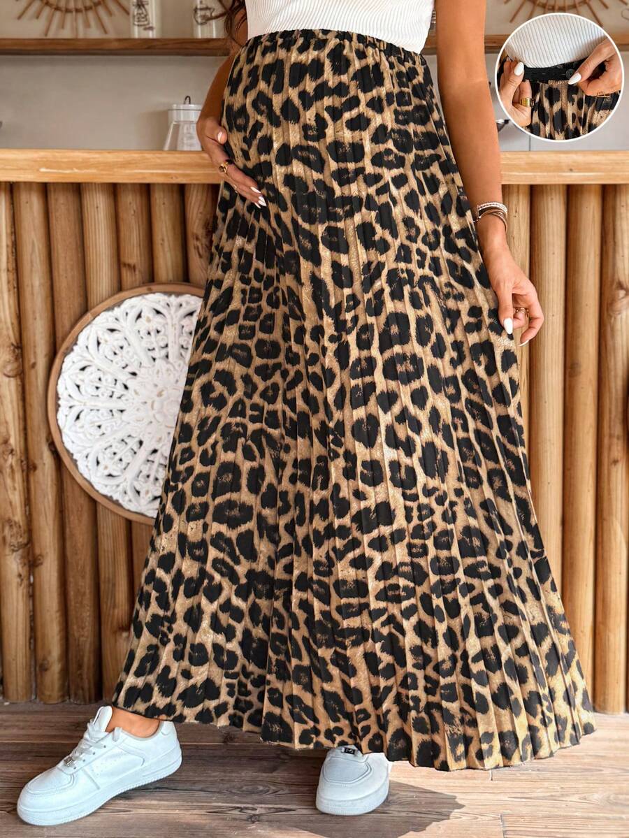 SHEIN 可调节腰围豹纹褶裥孕妇裙 - 棕色 - 查看 1
