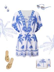 Swim Oasis Fashionable High-End Coconut Tree Placement Print Women's Summer Mesh Cover-Up - Multicolor - View 1