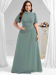 Coutiva Đầm dạ hội cỡ lớn dành cho nữ, cổ đứng, đính ngọc trai, thanh lịch, thắt eo. - Màu xanh Ô liu - Xem 3