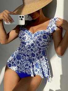 Swim DD+ Áo bikini hai dây hở lưng, cổ vuông, họa tiết bèo nhún, viền ren, dây rút, hàng mới về, thích hợp cho kỳ nghỉ biển. - Màu xanh lam - Xem 3