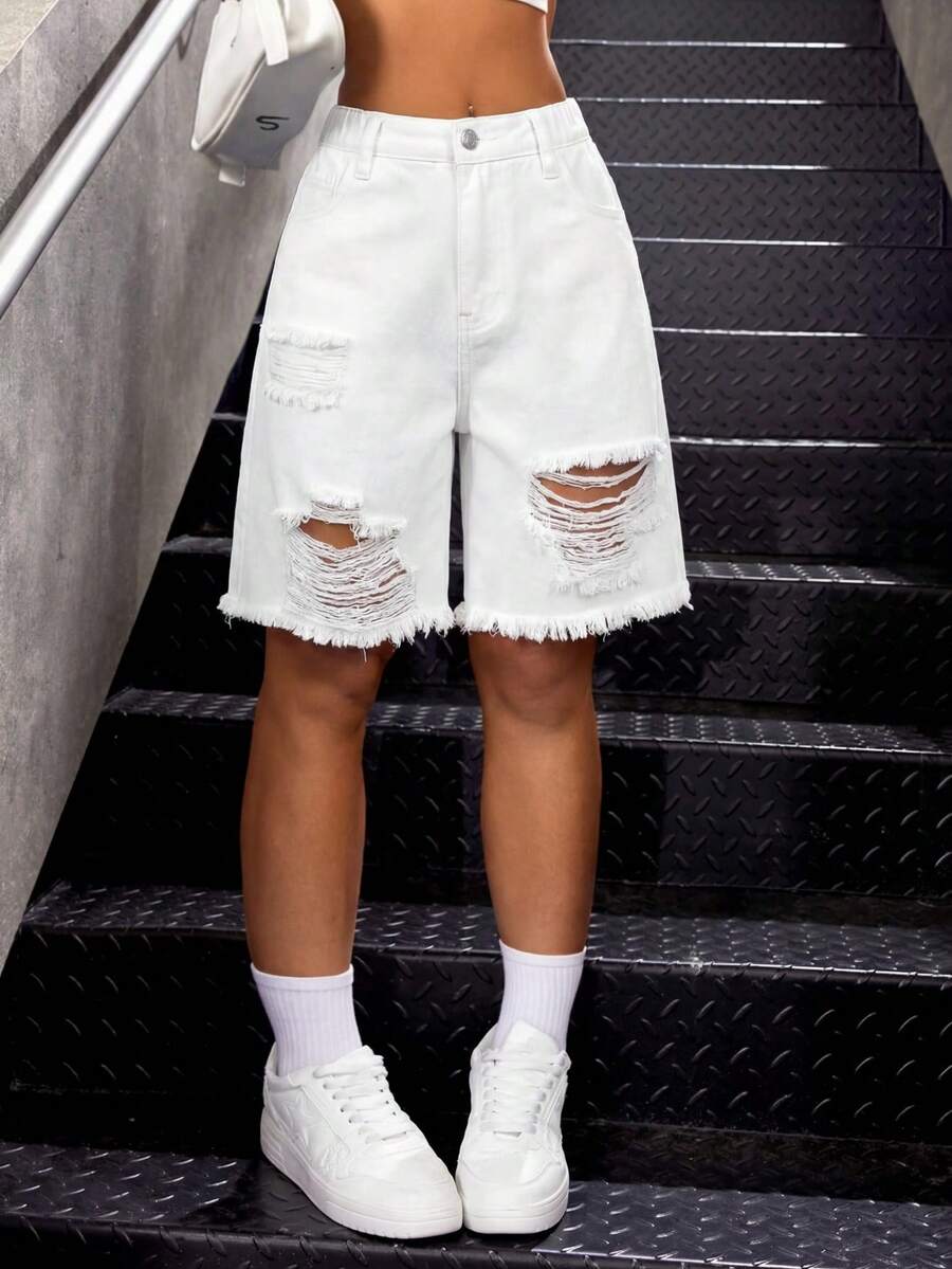 Tween Girl Y2K Fashionable Vintage Washed High Waist Ripped Baggy Raw Hem White Denim Long Shorts,For Sport Outdoor,Suitable For Spring And Summer Boho Bermuda Short,Season Vintage/Beach/Sea/Elegant Graduation,Casual,Summer Holiday,Spring,Beach,Vacation,Valentine's Day,Summer Holiday,Beach Vacation Holiday,Girls Summer White Short - White - View 1