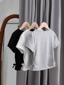 Sparklyn 5pcs/Set Tween Girls All-Match Casual T-Shirts With Waist Ruched Short Sleeve Design, Versatile For Spring & Summer - Multicolor - View 2