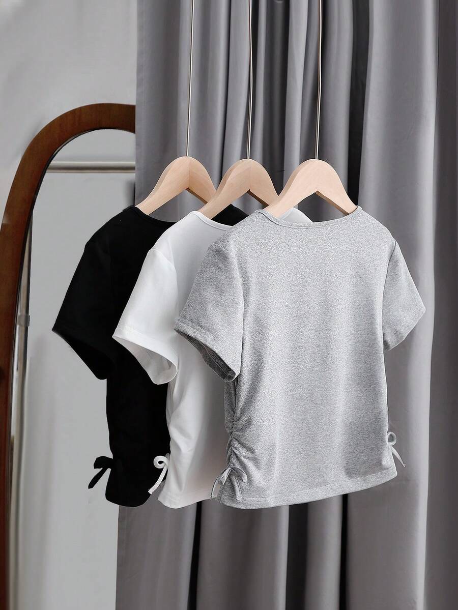 Set de 5 camisetas casuales a juego para niñas preadolescentes con diseño de manga corta y fruncido en la cintura, versátil para primavera y verano - Multicolor - Ver 1
