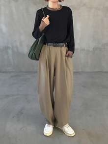 FRIFUL Solid Color Patchwork Sheer Polka Dot Mesh Fabric Loose Casual Versatile T-Shirt - Black - View 2