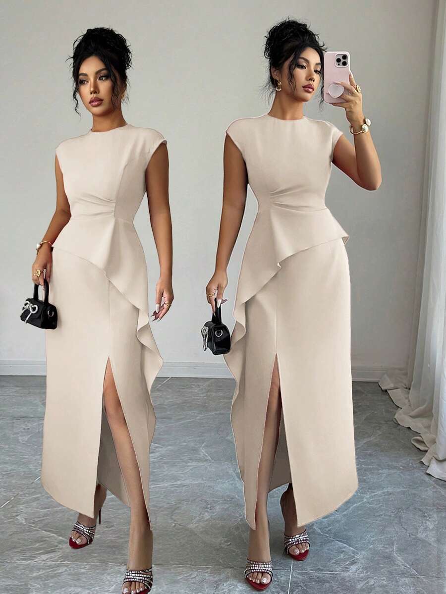 Elenzga 女士纯色圆领腰部褶裥下摆开衩侧边荷叶边短袖长款连衣裙，优雅法式复古正式通勤休闲度假下午茶街头简约百搭，春夏新款 - 杏色 - 查看 1