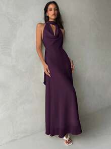 Aloruh Women's Solid Color Plunging Neck A-Line Ruffle Backless Dress,Summer Dresses For Women - Bold Plum - View 3