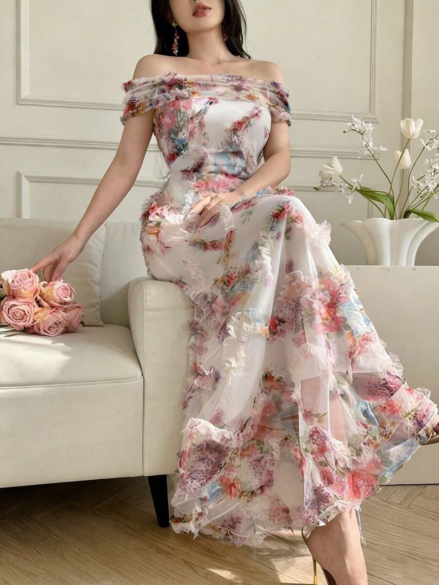 Celisse Elegant Women's Pink Floral Random Print Semi Sheer Off Shoulder Ruffle Dress With Midi Length - Pink - View 1