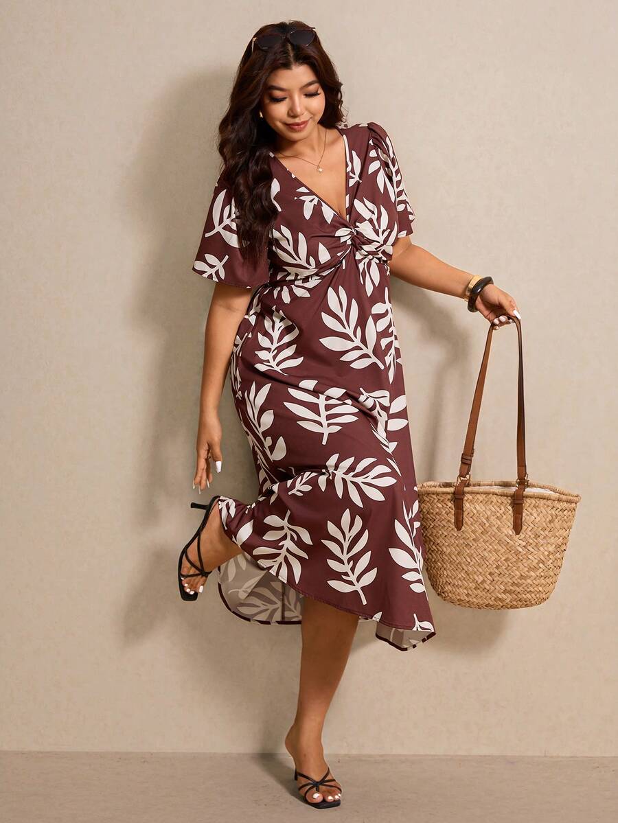 Elaquor Plus Size Casual Vacation Plant Print Twist Knot Dress - Black and White - View 1