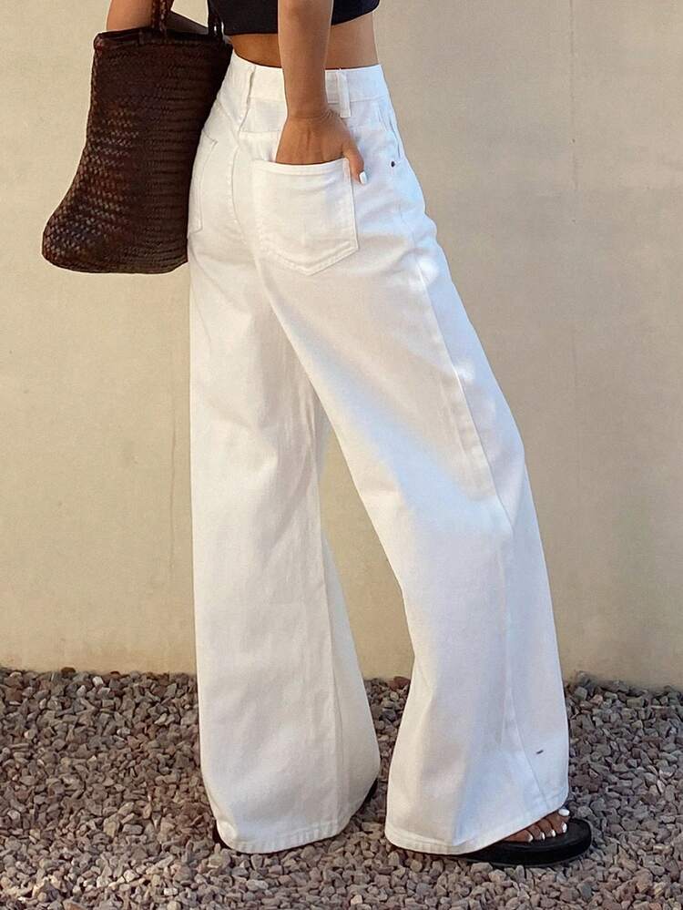 Women's Casual White Pocket Wide Leg Jeans, Spring/Summer