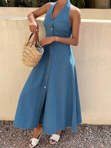 DAZY Women's Casual Washed V-Neck Sleeveless Denim Dress, Summer - Medium Wash - View 6