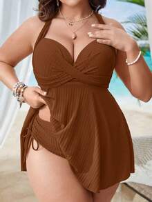 Swim Lushoire Plus Size Women Solid Color Spaghetti Strap Tankini Top With Triangle Swim Bottoms - Coffee Brown - View 6