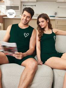 Men's Casual Heart Print Sleeveless Tank Top And Pajama Set, Minimalist - Dark Green - View 5