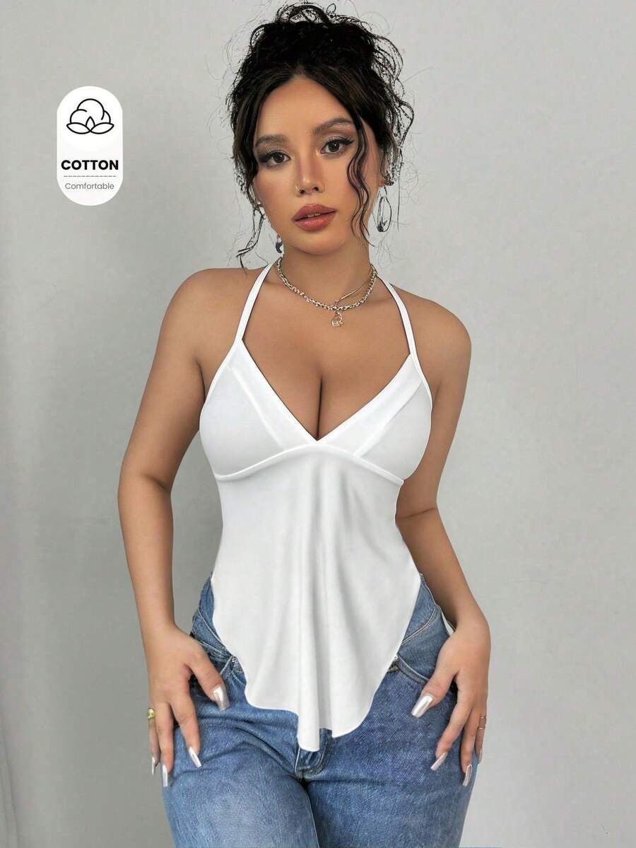 SHEIN PETITE 性感纯色露背吊带上衣,夏季 - 白色 - 查看 1