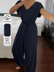 DAZY Solid Color V-Neck Short Sleeve Loose Waist Jumpsuit, Summer Women Loungewear - Navy Blue - View 3