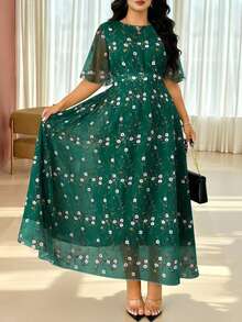 Modelyn Đầm dài nữ tối giản, thanh lịch, cổ tròn, tay phồng, họa tiết hoa thêu giả, thích hợp cho kỳ nghỉ hè và mặc hàng ngày. - Nhiều màu - Xem 6