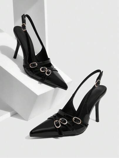 CUCCOO SZL 女士深红色漆皮金属链条装饰尖头后跟细高跟鞋，适合职场人士，轻便百搭的通勤鞋