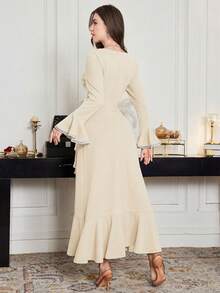 Modelyn 女士超长喇叭袖不对称荷叶边下摆连衣裙，春夏喇叭袖中长连衣裙，女士正式连衣裙，中长连衣裙，长袖优雅连衣裙，女士连衣裙，优雅经典女士优雅套装，女士连衣裙，正式服装，高品质连衣裙，法式连衣裙 - 杏色 - 查看 2