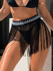 Swim SXY 女士皮革吊带提花流苏性感沙滩纱笼裙 - 黑色 - 查看 3