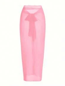 Swim Oasis One-Piece Swimsuit With Solid Color Ruched Mesh Panel And Sarong Skirt - Coffee - View 5