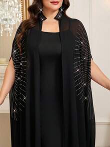 SHEIN Clasi Vestito canotta tinta unita e cardigan aperto davanti casual, completo da 2 pezzi, taglie comode per donna - nero - Visualizzare 7