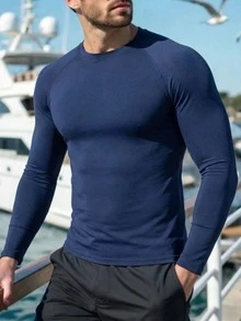 HIMLAND Men's Casual Commuting Beach Minimalist Rash Guard - Navy Blue - View 3